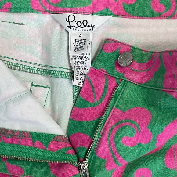 Lilly Pulitzer Rare Vintage Where's The Reef  Pink Green Jeans Sz 4 Flare - Picture 2 of 10